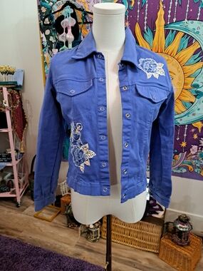Cobalt  Sequin Rose Embroidered Floral Jacket Globe Trotter Bali Size Small